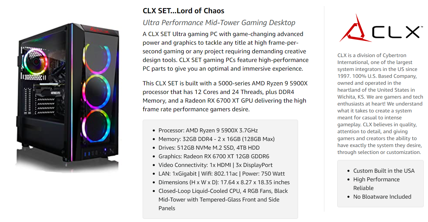 CLX SET Gaming Desktop - Liquid Cooled AMD Ryzen 9 5900X 3.7GHz 12-Core  Processor, 32GB DDR4 Memory, Radeon RX 6700 XT 12GB GDDR6 Graphics, 500GB  SSD, 4TB HDD, WiFi, Windows 11 Home 64-bit - Newegg.com