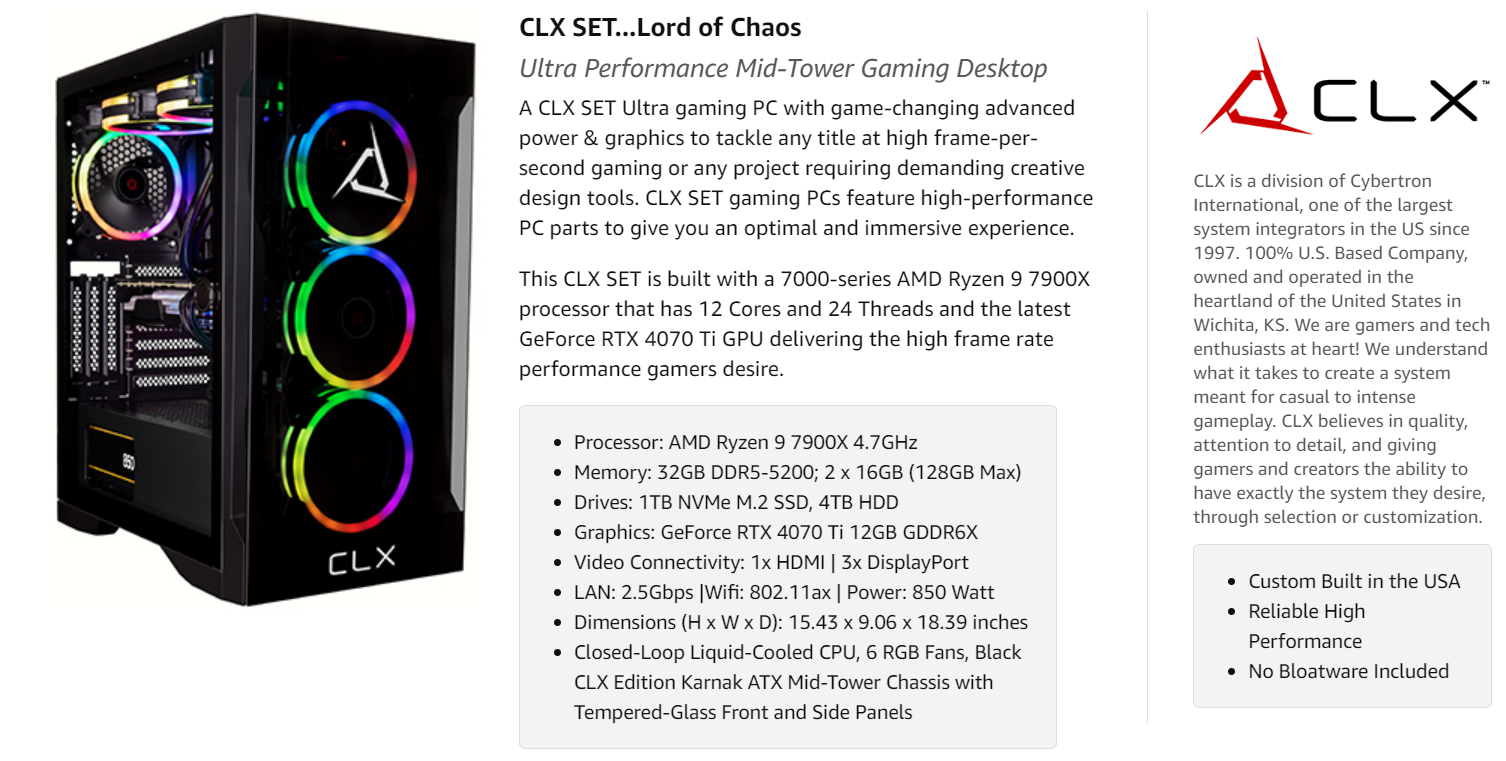 CLX SET Gaming Desktop - AMD Ryzen 9 7900X 4.7GHz 12-Core