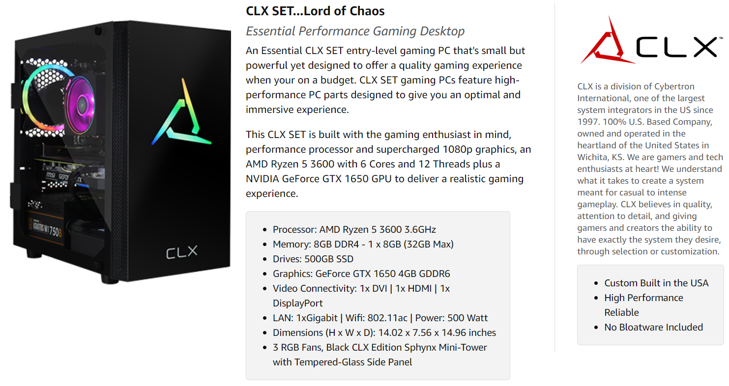CLX SET Gaming PC - AMD Ryzen 5 3600 3.6GHz 6-Core , 8GB DDR4 2666