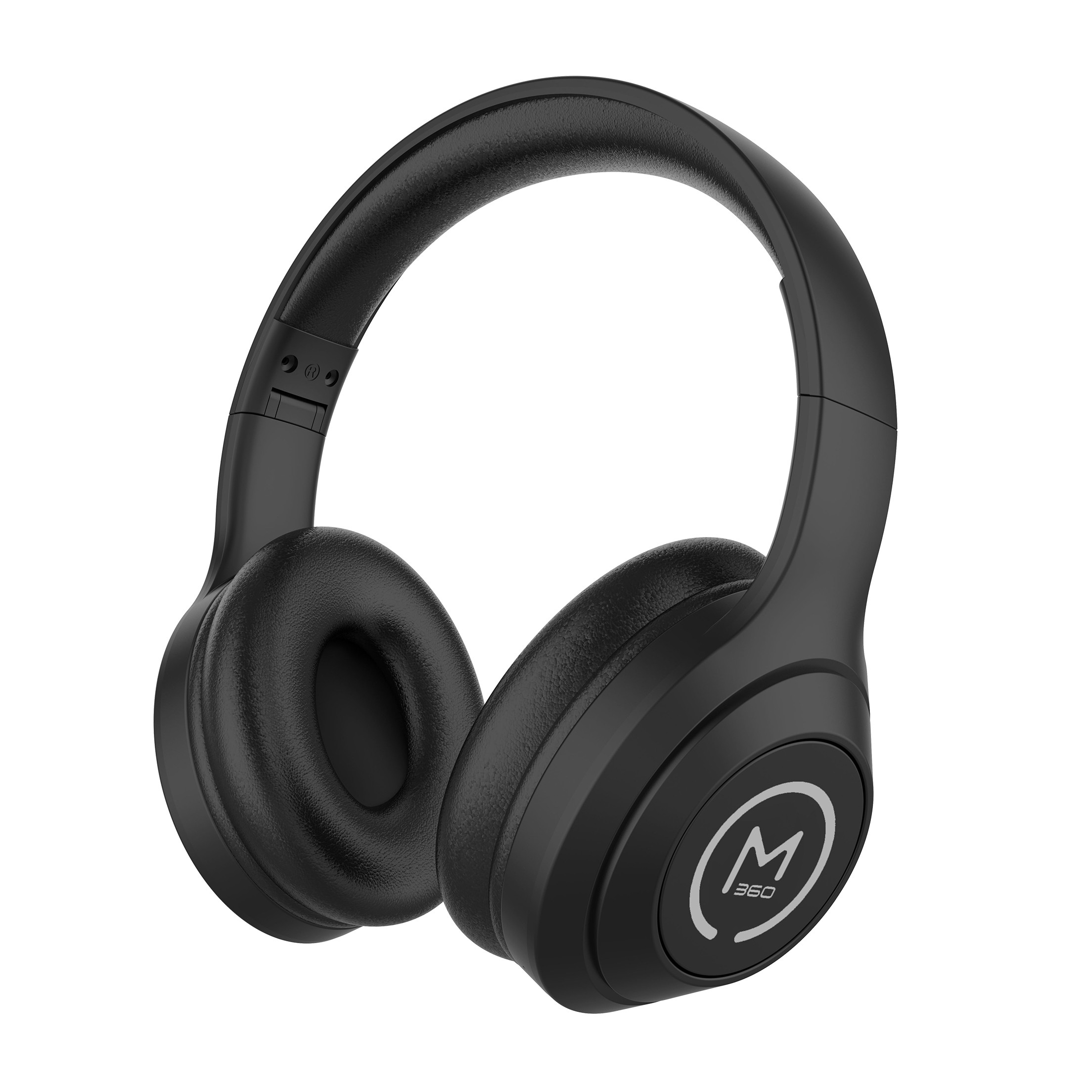 Comfort Plus Wireless Headphones Black with a Gray M360 Circle Logo on the side earcups