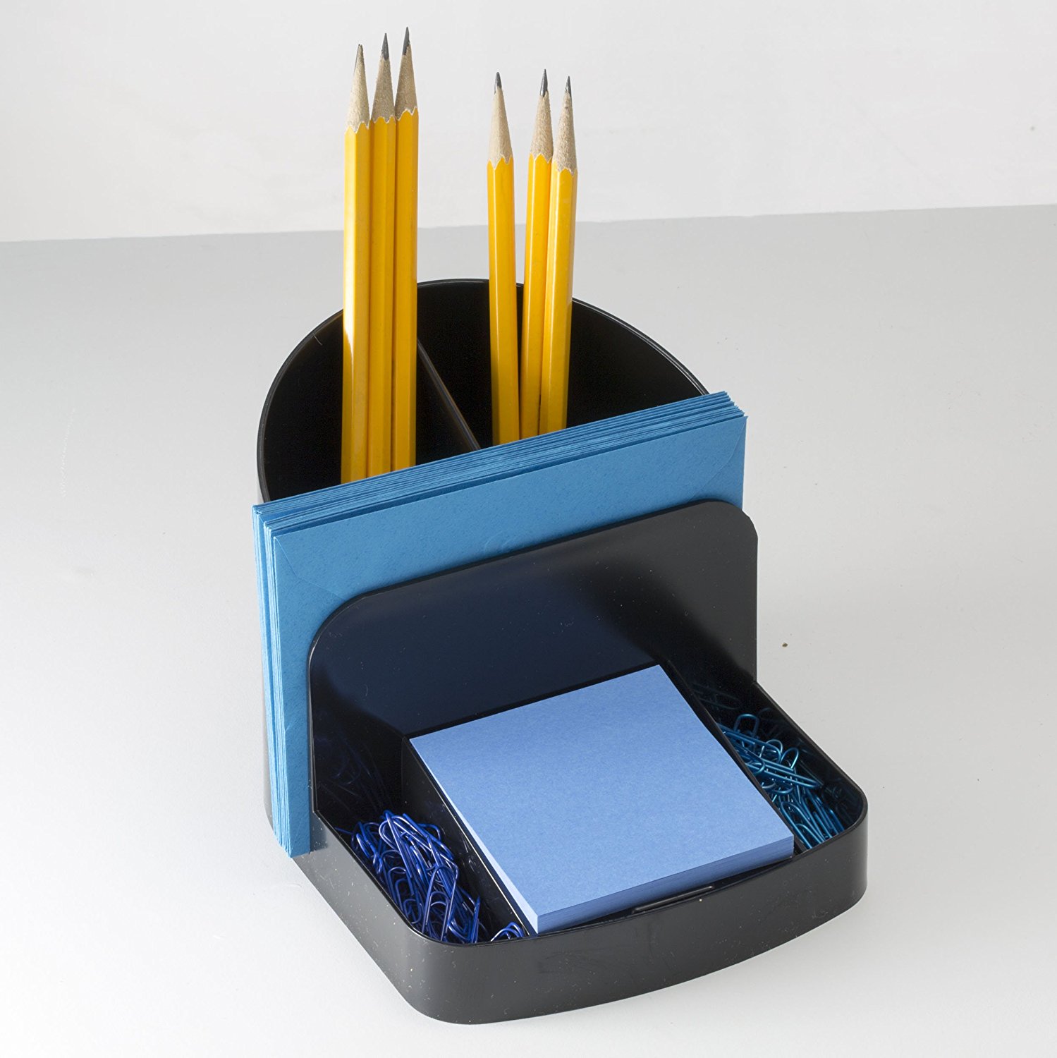 Two deep, tiered compartments for pens and pencils, scissors, ruler, etc. plus space for sticky notes