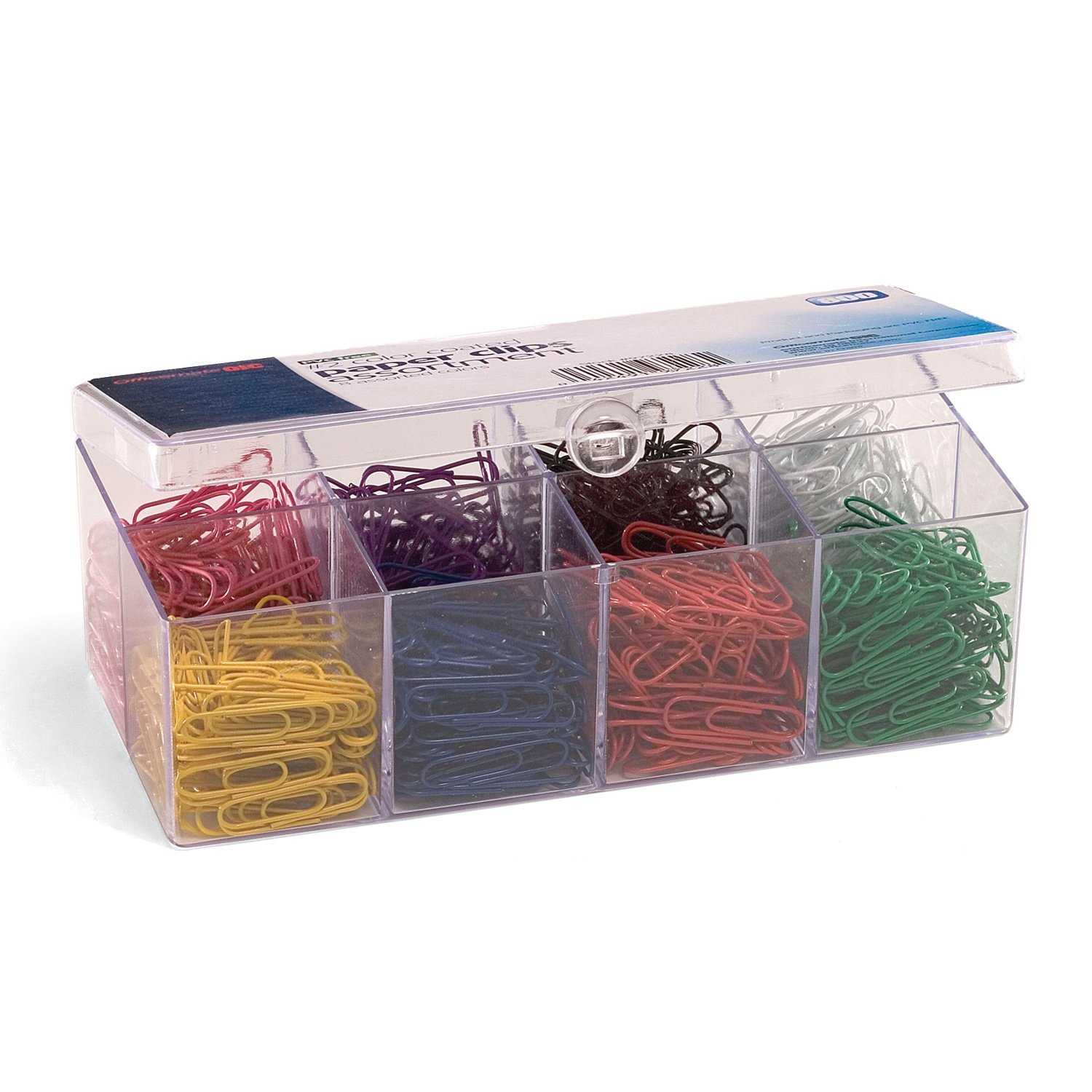 Perfect for home, school or office. 800 assorted color coated standard #2 paper clips in reusable plastic organizer with 8 compartments.