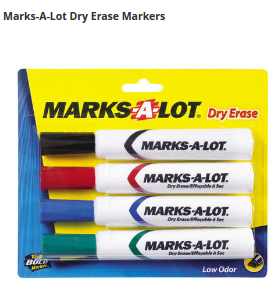 Avery Marks-A-Lot Dry Erase Markers feature bold, low-odor ink for whiteboards, glass and other nonporous surfaces. Wipes off easily with dry cloth or eraser.

