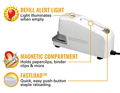 <p><b>Refill Alert Light, FastLoad™ & Magnetic Compartment</b></p><p>When the staple supply is low, the refill alert light glows as a visual indicator. To load, simply press the button on the top to pop the magazine open so you can quickly drop staples in. Also on the top of the stapler is the magnetic compartment for keeping paperclips and more, readily available.</p>