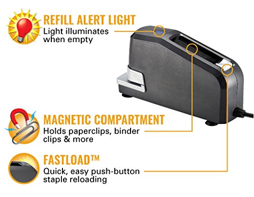 <p><b>Refill Alert Light, FastLoad™ & Magnetic Compartment</b></p><p>When the staple supply is low, the refill alert light glows as a visual indicator. To load, simply press the button on the top to pop the magazine open so you can quickly drop staples in. Also on the top of the stapler is the magnetic compartment for keeping paperclips and more, readily available.</p>