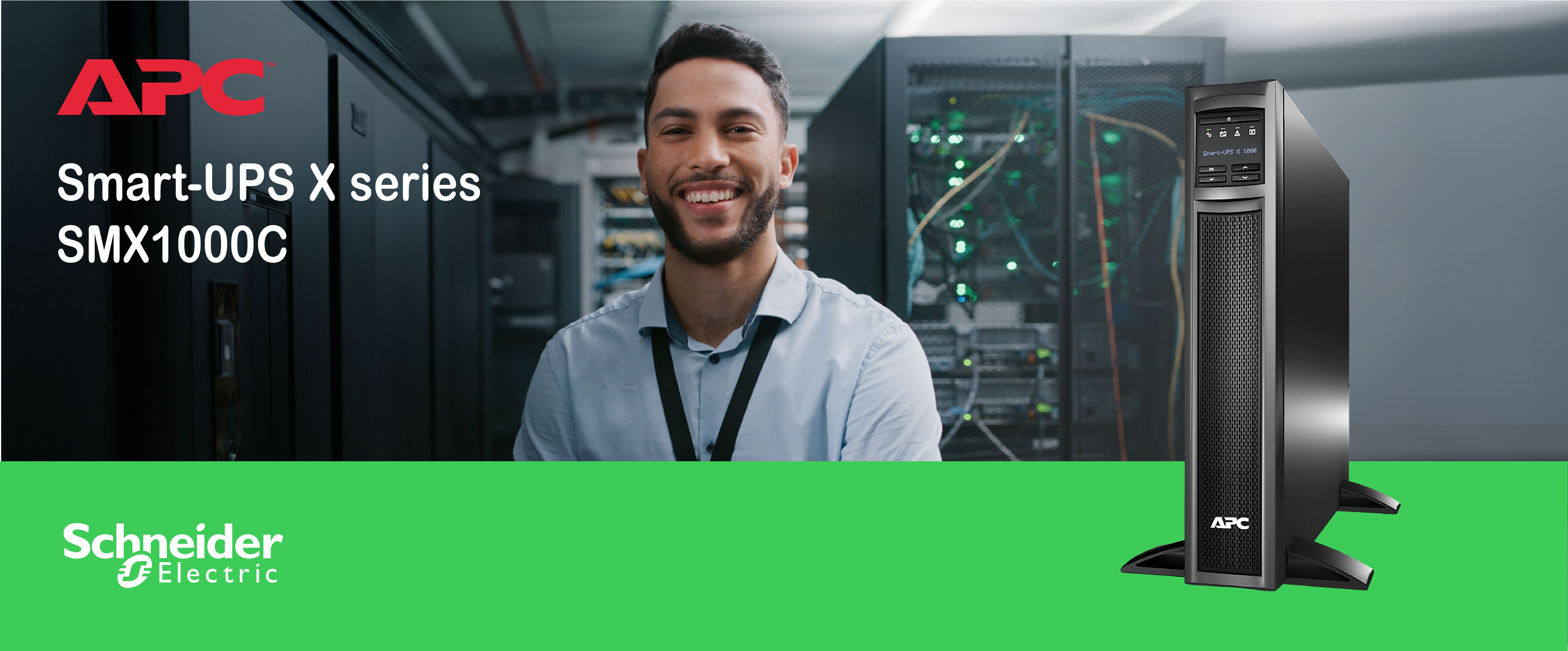 man in a data centre in the background