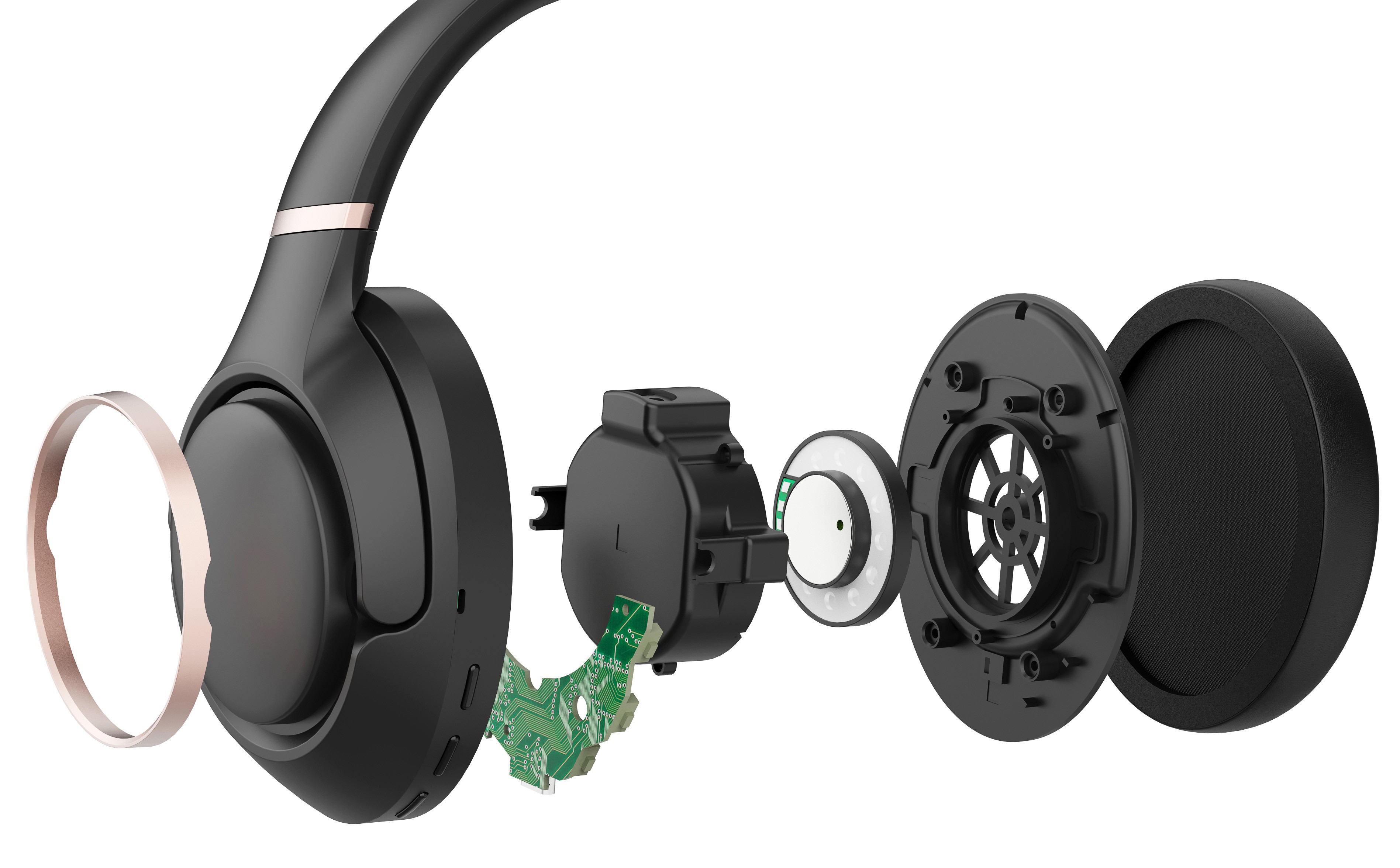 Dramatic exploding diagram of the Headphones components, illustrating the 3D effect of Sp[atial Audio.