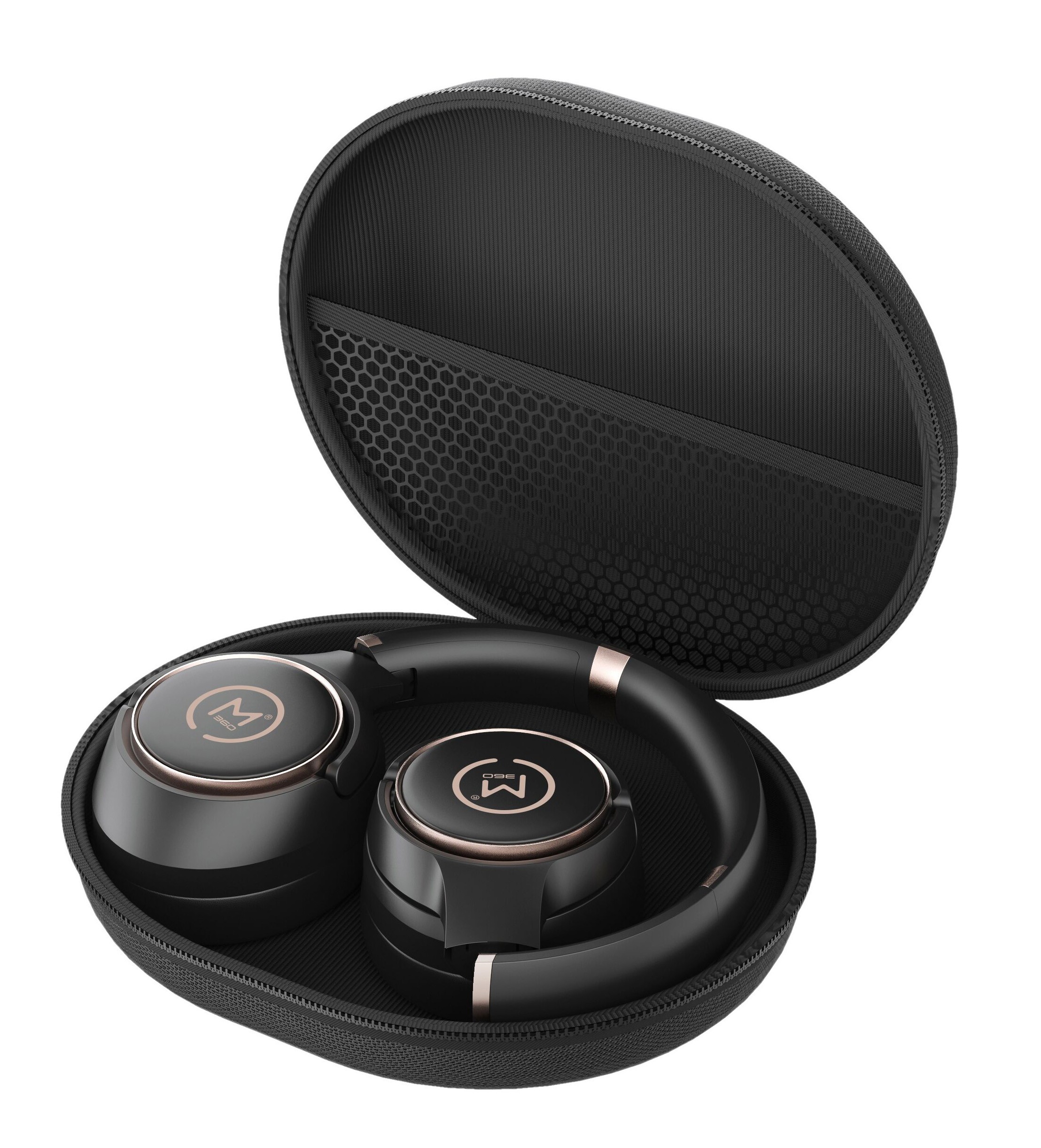 Picture of a Hard Shell Travel Case with the Eclipse Headphones folded neatly inside.