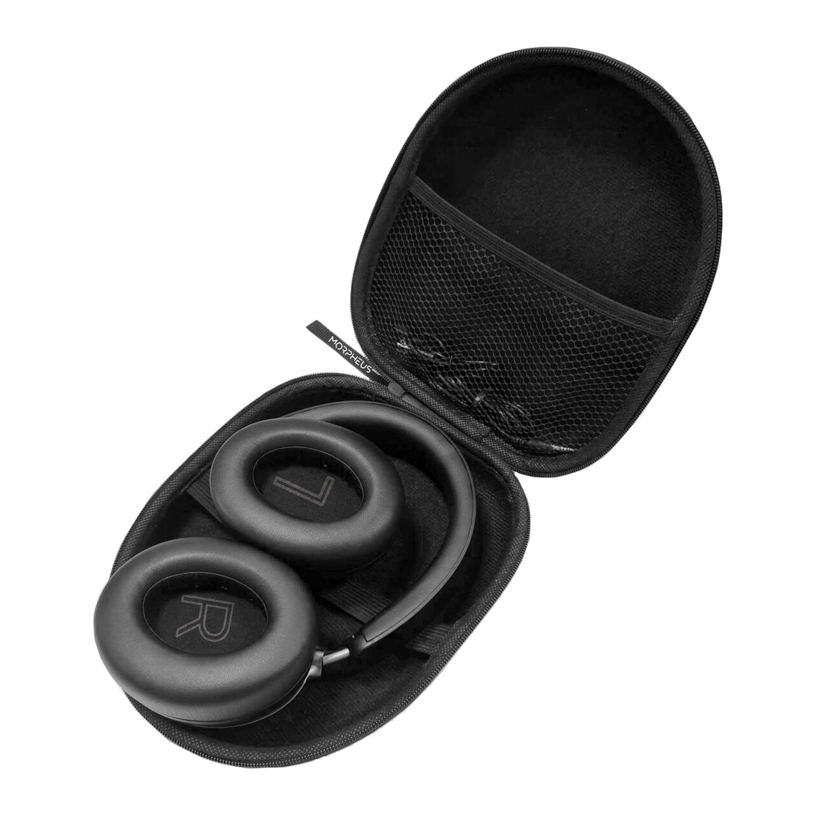 Inset photo of the Morpheus 360 hard shell travel case with the headphones folded inside with the left and right labeled ear cushions and the mesh pocket with the included cables for Charging and connecting in wired mode,