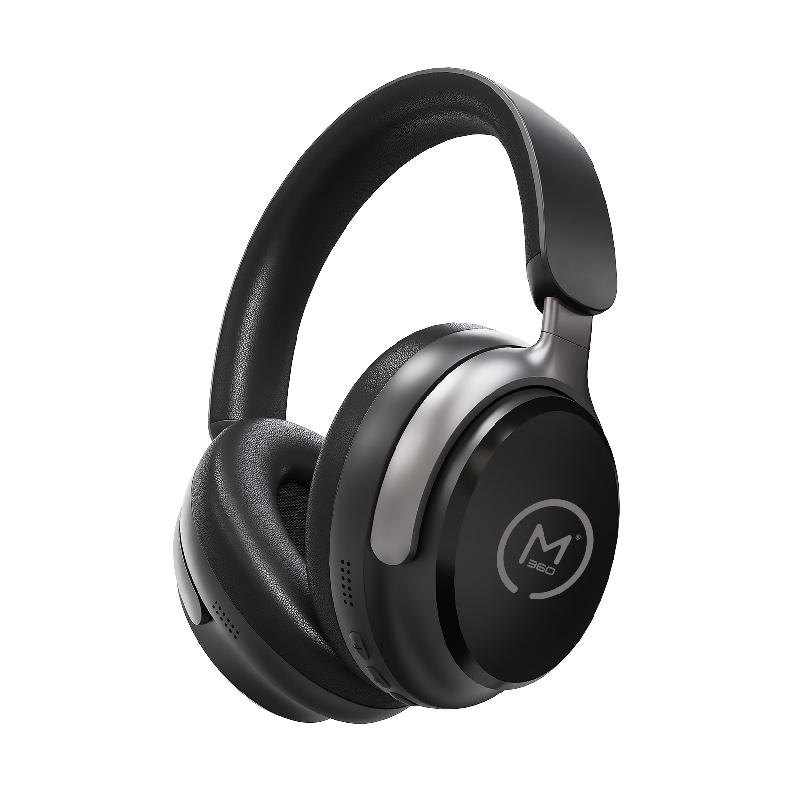 Right angle view of the Aspire Wireless Noise Canceling Headphones in Black with Platinum accents on the Headphone Side Covers and with an M360 Logo on either side.