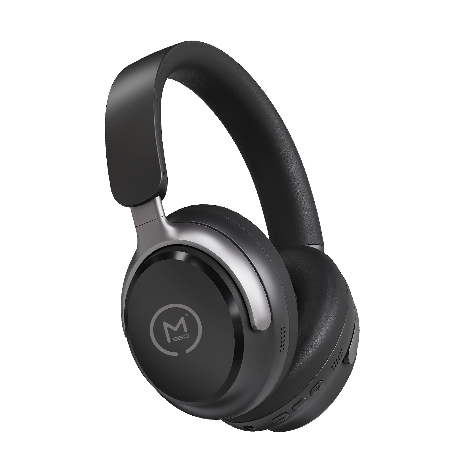 Left angle view of the Aspire Wireless Noise Canceling Headphones in Black with Platinum accents on the Headphone Side Covers and with an M360 Logo on either side.