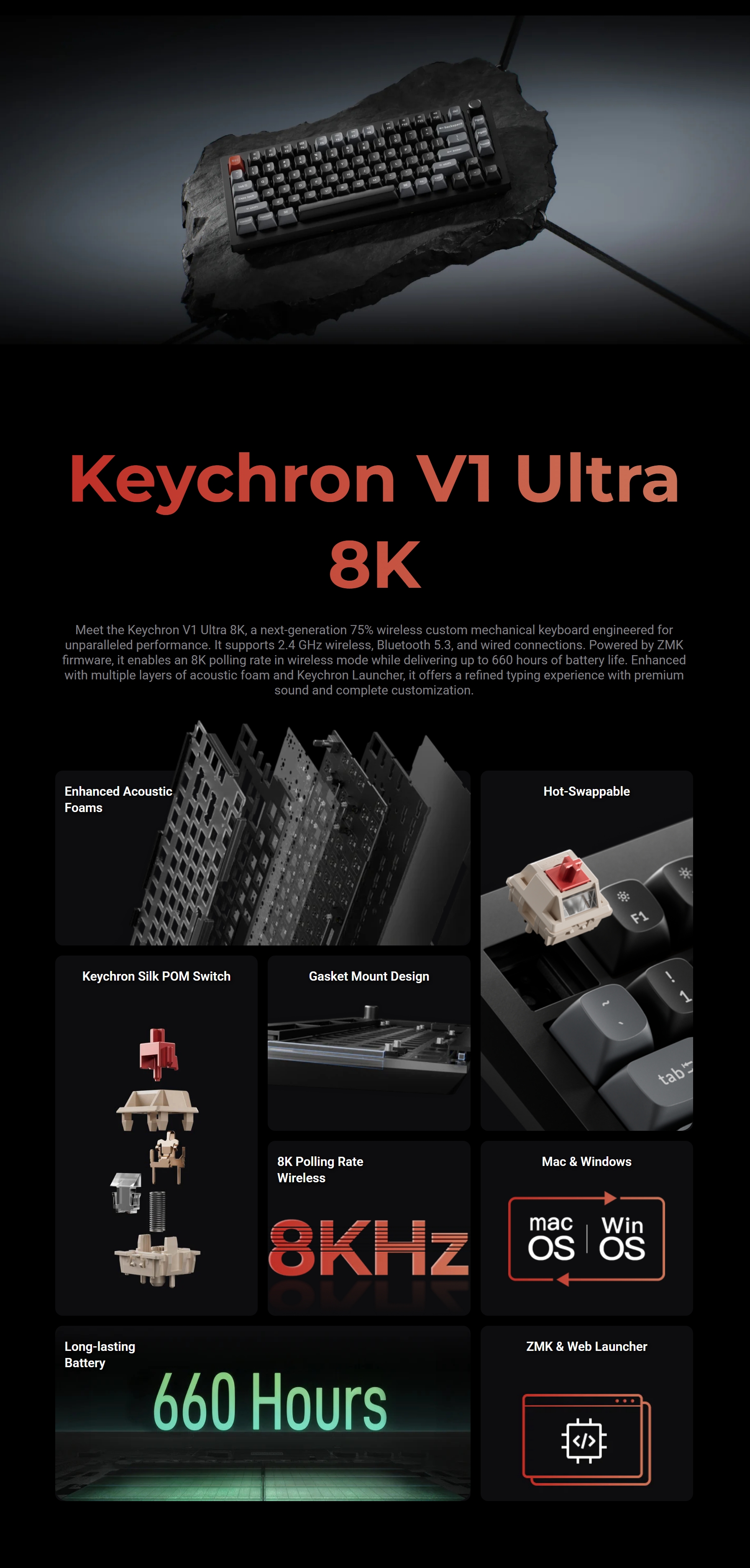 Keychron V1 Ultra 8K Wireless Mechanical Keyboard, Brown Silk POM
