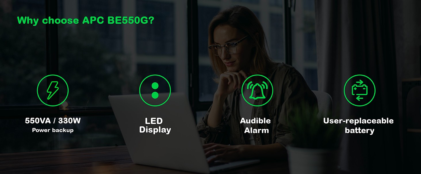 Features of APC Back-UPS including its wattage, physical features, audible alarms and battery status.