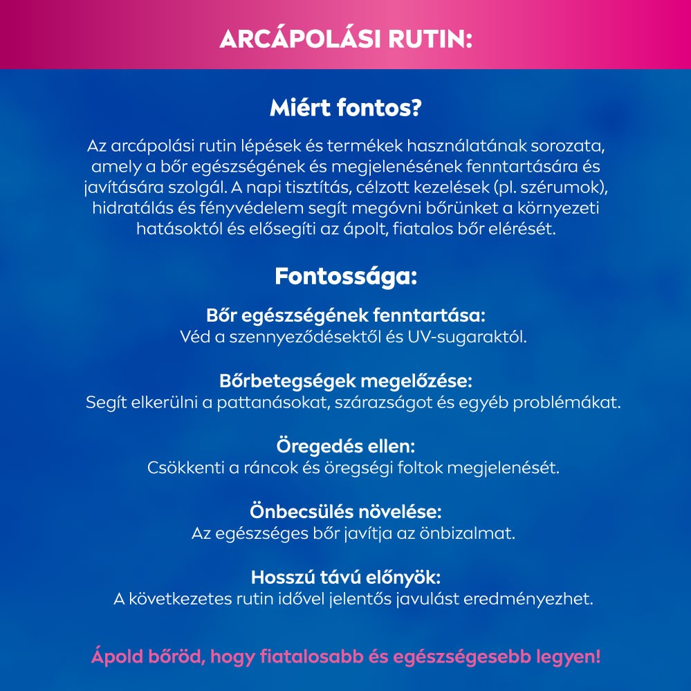 ARCÁPOLÁSI RUTIN: Miért fontos? Az arcápolási rutin lépések és termékek használatának sorozata, amely a bőr egészségének és megjelenésének fenntartására és javítására szolgál. A napi tisztítás, célzott kezelések (pl. szérumok), hidratálás és fényvédelem segít megóvni bőrünket a környezeti hatásoktól és elősegíti az ápolt, fiatalos bőr elérését. Fontossága: Bőr egészségének fenntartása: Véd a szennyeződésektől és UV-sugaraktól. Bőrbetegségek megelőzése: Segít elkerülni a pattanásokat, szárazságot és egyéb problémákat. Öregedés ellen: Csökkenti a ráncok és öregségi foltok megjelenését. Önbecsülés növelése: Az egészséges bőr javítja az önbizalmat. Hosszú távú előnyök: A következetes rutin idővel jelentős javulást eredményezhet. Ápold bőröd, hogy fiatalosabb és egészségesebb legyen!