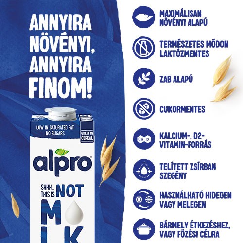 Annyira növényi, annyira finom. maximálisan növényi alapú, természetes módon laktózmentes, zab alapú, cukormentes, kalcium, d2, vitamin forrás, telített zsírban szegény, használható hidegen vagy melegen, bármely étkezéshez vagy főzési célra