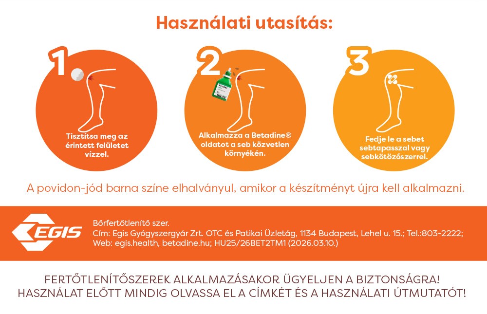 Használati utasítás:1.Tisztítsa meg az érintett felületeket vízzel.2.Alkalmazza a Betadine® oldatot a seb közvetlen környékén.3.Fedje le a sebet sebtapasszal vagy sebkötözőszerrel.A povidon-jód barna színe elhalványul, amikor a készítményt újra kell alkalmazni.EGIS Bőrfertőtlenítő szer. Cím: Egis Gyógyszergyár Zrt. OTC és Patikai Üzletág, 1134 Budapest, Lehel u. 15; Tel.:803-2222; Web: egis.health, betadine.hu; HU25/26BET2TM1 (2026.03.10.)Fertőtlenítőszerek alkalmazásakor ügyeljen a biztonságra.