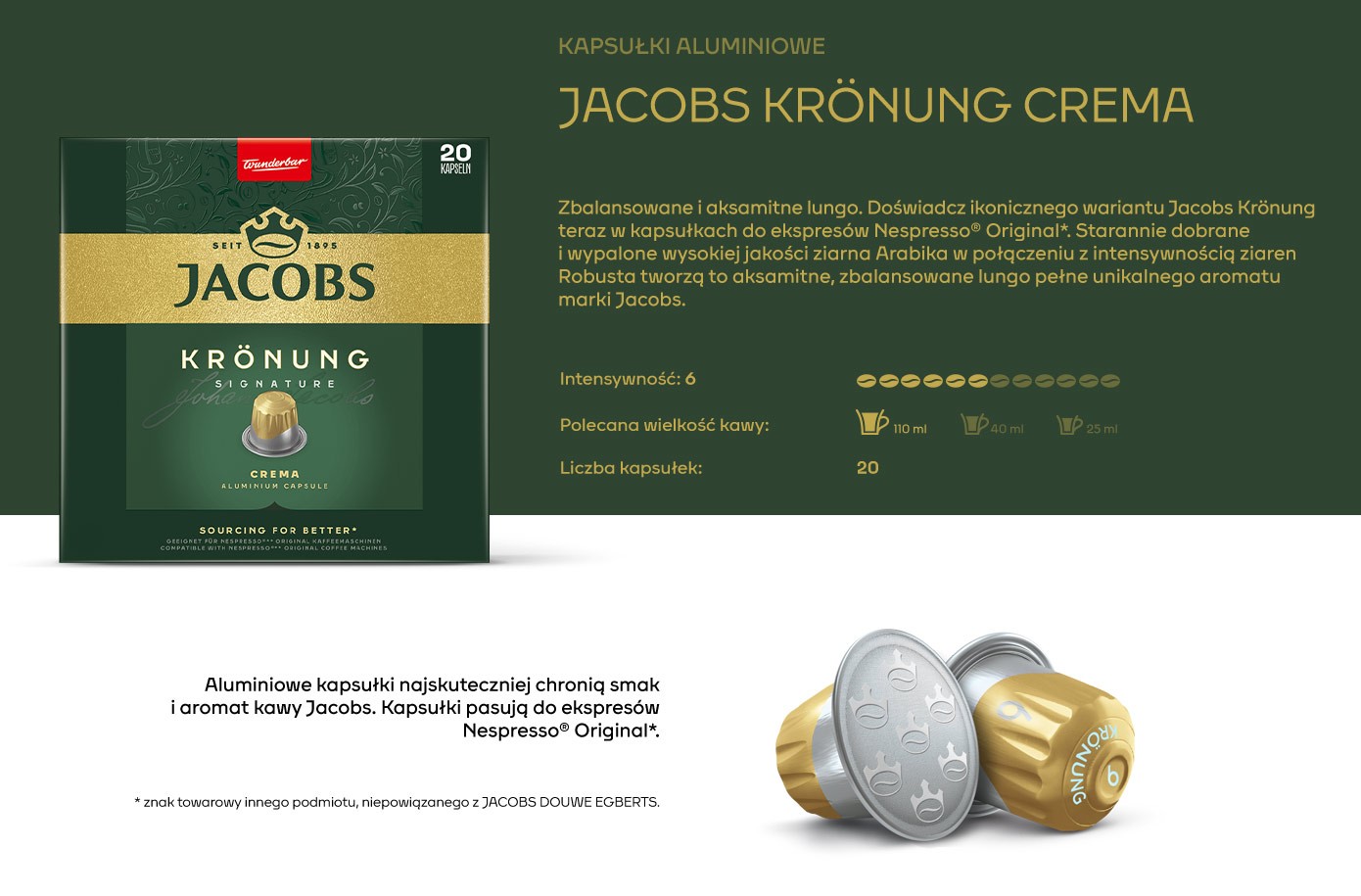 Kawa w kapsułkach, Jacobs Kronung Crema, intensywność 6/12, 20 sztuk w opakowaniu, kompatybilne z ekspresami Nespresso