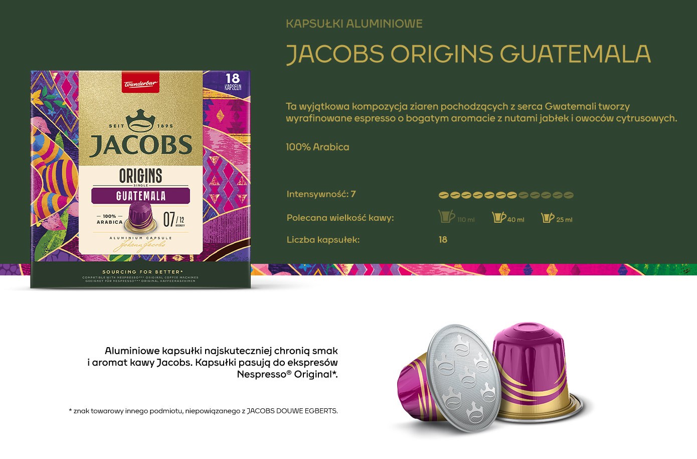 Kawa w kapsułkach, Jacobs Origins Guatemala, 100% Arabica, intensywność 7/12, aromat jabłek i owoców cytrusowych, 18 sztuk w opakowaniu, kompatybilne z ekspresami Nespresso
