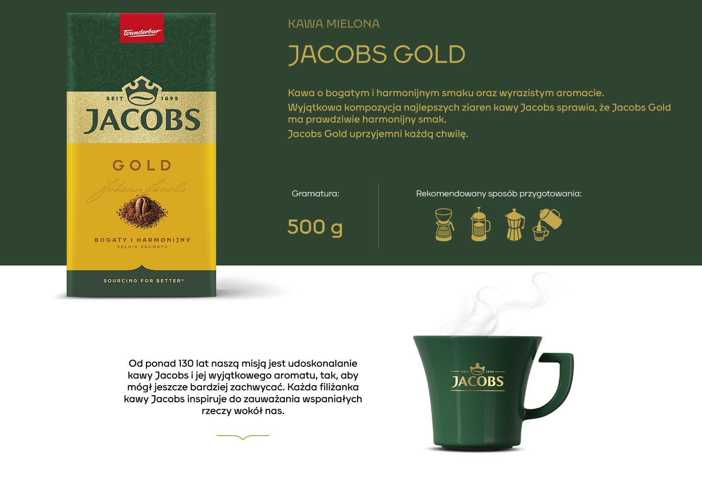 Kawa mielona, Jacobs Gold, 500g, bogaty i harmonijny smak, wyrazisty aromat