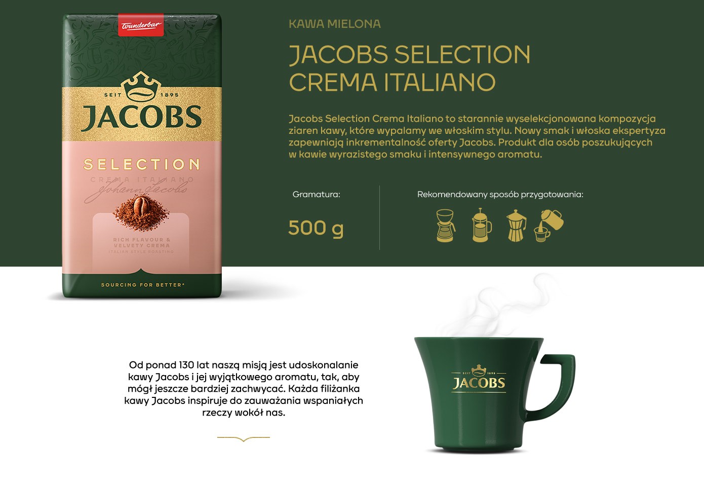 Kawa mielona Jacobs Selection Crema Italiano, wyrazisty smak, intensywny aromat, 500g