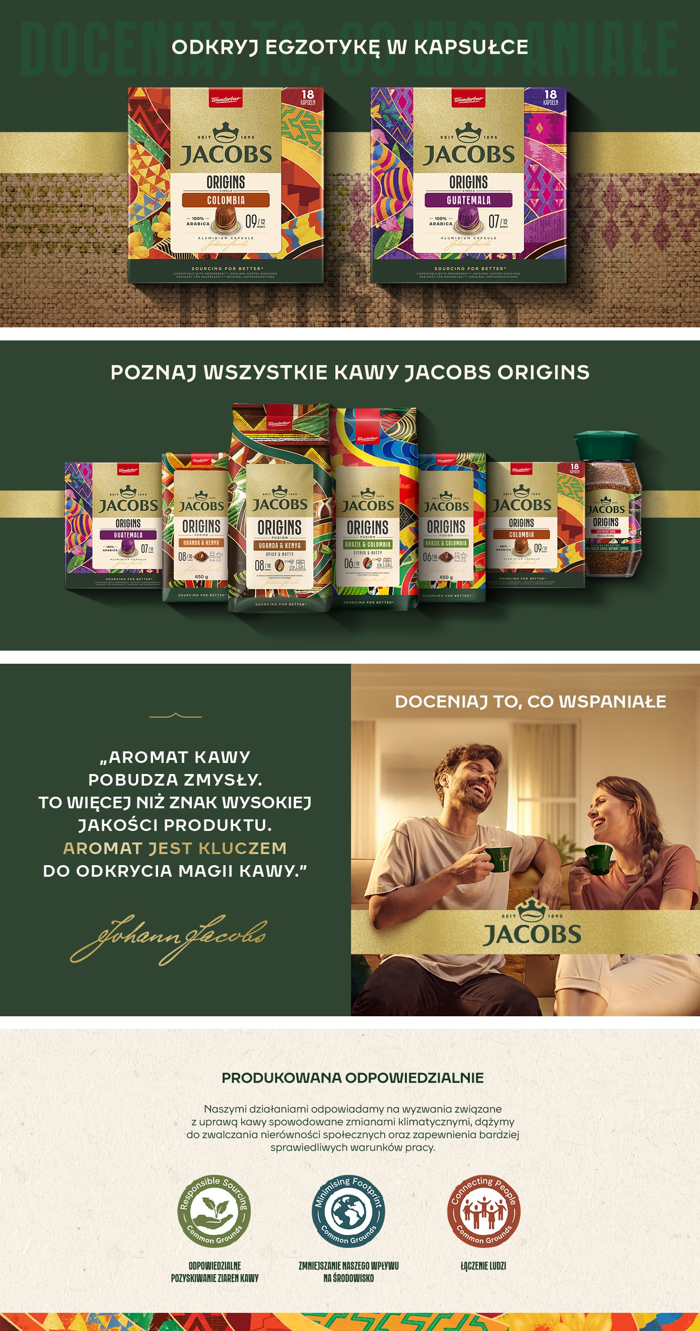 Jacobs Origins Colombia kapsułki aluminiowe 100% Arabica z Kolumbii, intensywność 9, nuty czekolady i karmelu, kompatybilne z Nespresso Original