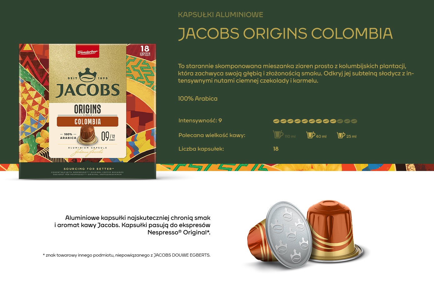 Kapsułki aluminiowe Jacobs Origins Colombia – kawa 100% Arabica z kolumbijskich plantacji, intensywność 9, z nutami ciemnej czekolady i karmelu, 18 kapsułek, kompatybilne z ekspresami Nespresso Original