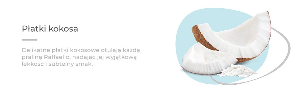 Płatki kokosa.Delikatne płatki kokosowe otulają każdą pralinę Raffaello, nadając jej wyjątkową lekkość i subtelny smak.