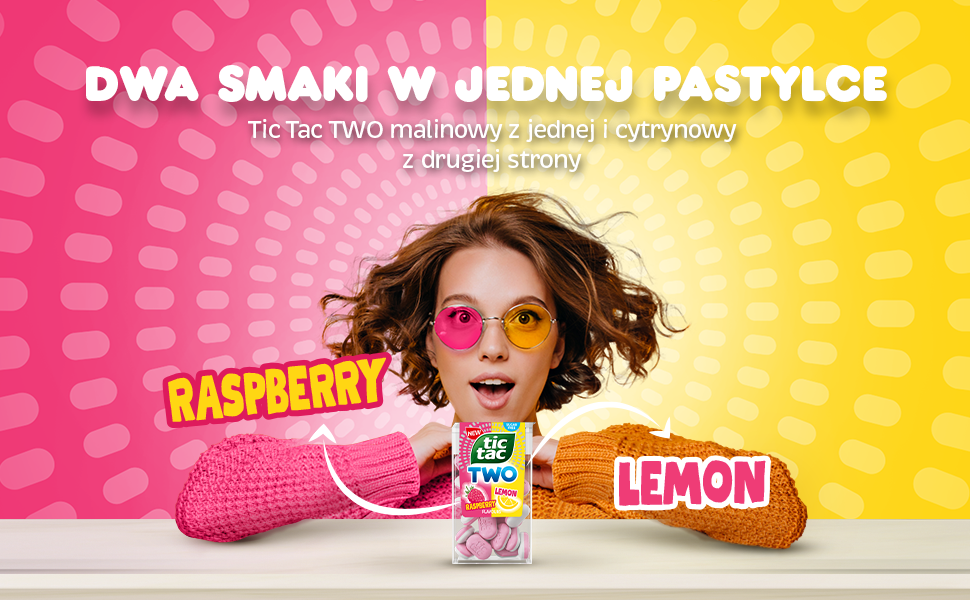 Dwa smaki w jednej pastylce. Tic Tac TWO malinowy z jednej i cytrynowy z drugiej strony.Raspberry. Lemon. Cukierki, drażetki.