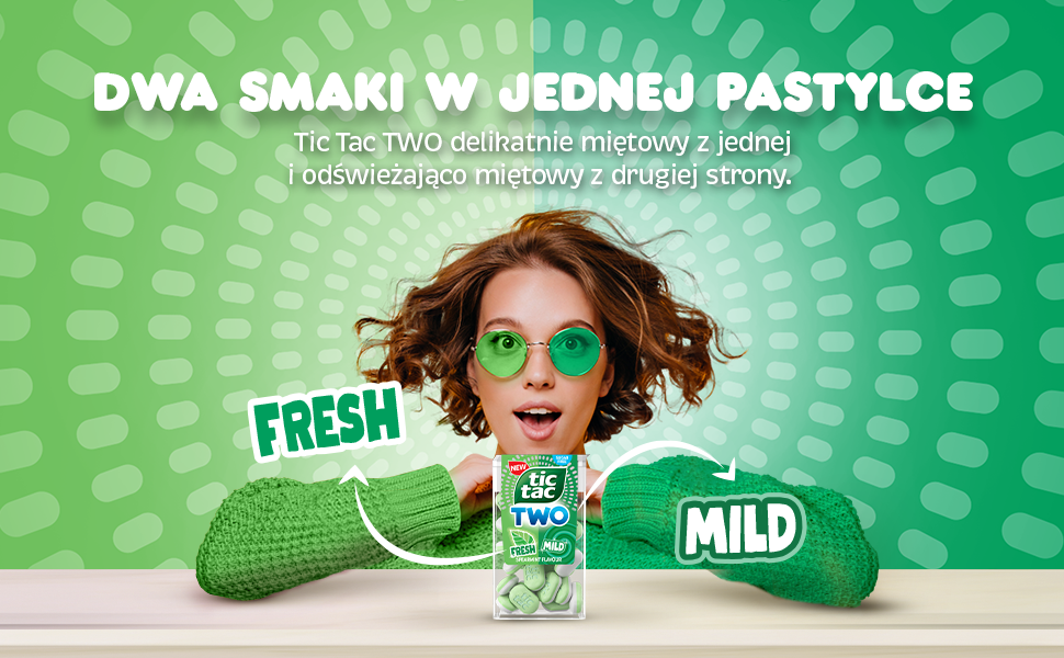 Dwa smaki w jednej pastylce. Tic Tac TWO delikatnie miętowy z jednej i odświeżająco miętowy z drugiej strony. Cukierki, drażetki. Fresh. Mild.