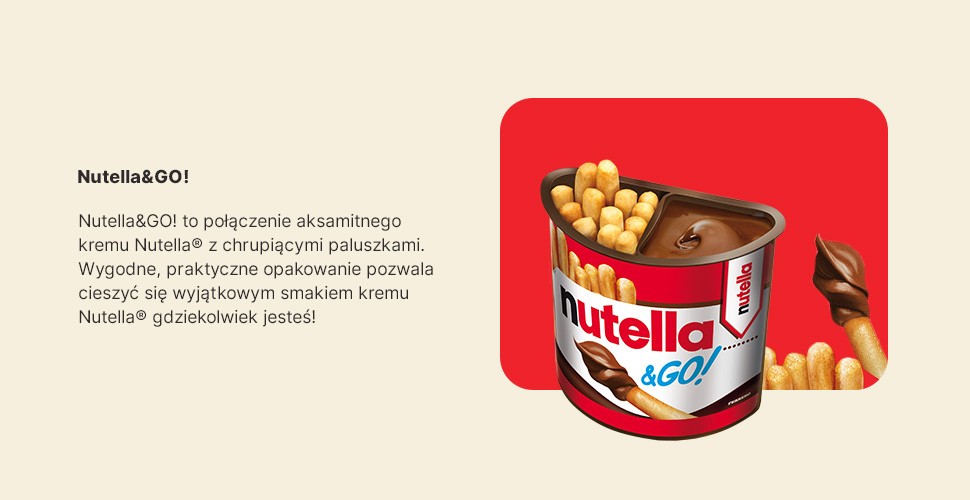 Nutella&Go! To połączeenie aksamitnego kremu Nutella z chrupiącymi paluszkami.Wygodne, praktyczne opakowanie pozwala cieszyć się wyjątkowym smakiem kremu Nutella® gdziekolwiek jesteś!&nbsp;&nbsp;