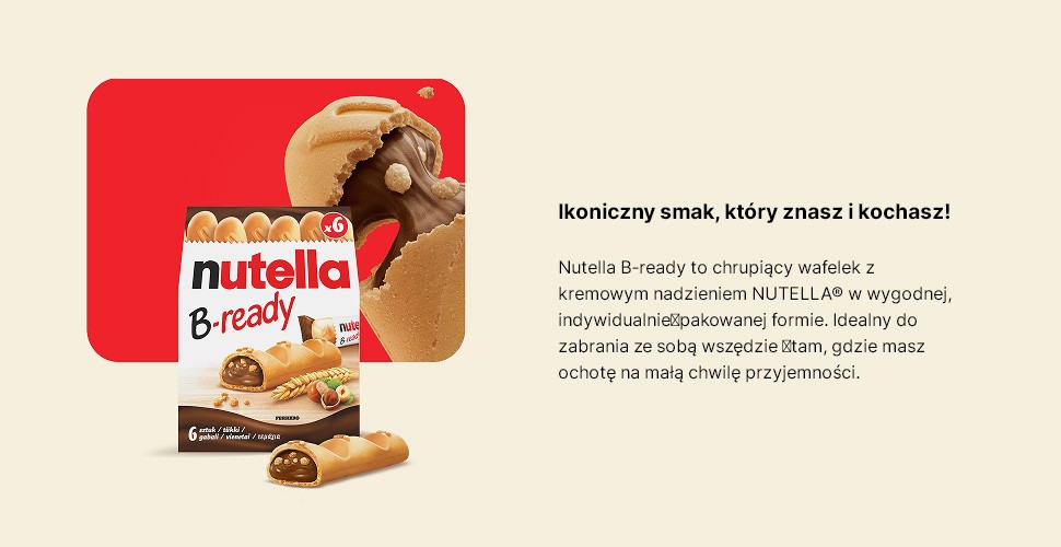 Ikoniczny smak, który znasz i kochasz! Nutella B-ready&nbsp;to chrupiący wafelek z kremowym nadzieniem NUTELLA® w wygodnej, indywidualnie pakowanej formie. Idealny do zabrania ze sobą wszędzie tam, gdzie masz ochotę na małą chwilę przyjemności.&nbsp;