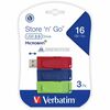 16GB Store 'n' Go&reg; USB Flash Drive - 3pk - Red, Green, Blue - 16GB - 3pk - Red, Green, Blue