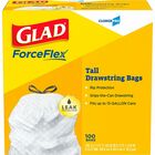 Glad ForceFlex Tall Kitchen Drawstring Trash Bags - 13 gal Capacity - 27" Length x 24" Width x 0.72 mil (18 Micron) Thickness - Drawstring Closure - White - Plastic - Kitchen, Office, Day Care, Restaurant, School - 100 / Box CLO78526