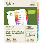 Avery EcoFriendly Recycled Dividers, 12 Tabs (3 Sets of 11083) - 36 x Divider(s) - 36 Tab(s) - Digit - 1-12, Table of Contents - 12 Tab(s)/Set - 8.5" Divider Width x 11" Divider Length - 3 Hole Punched - White Paper Divider - Multicolor Paper Tab(s) - 100 AVE11083