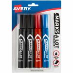 Avery&reg; Marks A Lot Permanent Markers, Regular Desk-Style, Asstd, 4/PK - Black, Blue, Red Ink - Black, Blue, Red Barrel - Plastic, Metal, Classroom, Office, Warehouse - 4 / Pack AVE07905