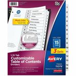Avery Dividers, 15 Tabs, Ready Index (3 Sets of 11079) - 45 x Divider(s) - 45 Tab(s) - Digit - 1-15 - 15 Tab(s)/Set - 8.5" Divider Width x 11" Divider Length - 3 Hole Punched - White Paper Divider - White Paper Tab(s) - Hole-punched, Printable, Pre-printe AVE11079