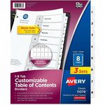 Avery Dividers, 8 Tabs, Ready Index (3 Sets of 11076) - 24 x Divider(s) - 24 Tab(s) - Digit - 1-8 - 8 Tab(s)/Set - 8.5" Divider Width x 11" Divider Length - 3 Hole Punched - White Paper Divider - White Paper Tab(s) - Hole-punched, Printable, Pre-printed,  AVE11076