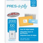 PRES-a-ply White Labels - 1" Width x 4" Length - Permanent Adhesive - Rectangle - Laser, Inkjet - White - Paper - 20 / Sheet - 100 Total Sheets - 2000 Total Label(s) - 2000 / Box AVE30601