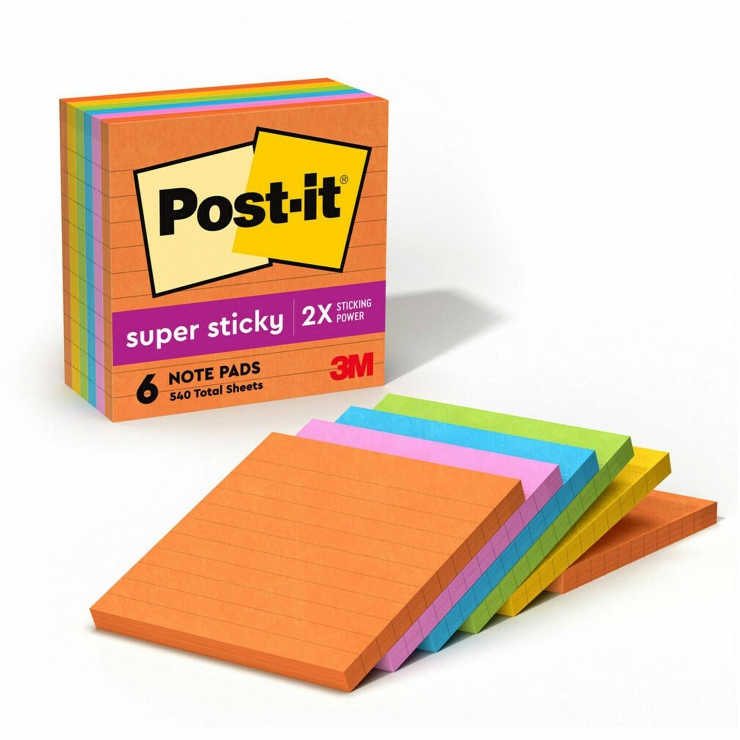 Post-it® Sticky Lined Notes - Energy Boost Collection - 540 - 4" x 4" - Square - 90 Sheets per Pad - Ruled - Vital Orange, Tropical Pi | 3M | S&K Office Products, Inc.