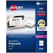Avery&reg; Sure Feed Postcards - 97 Brightness - 4" x 6" - 80 lb Basis Weight - 216 g/m&#178; Grammage - Matte - Perforated, Heavyweight, Rounded Corner, Uncoated, Smudge-free, Recyclable, Printable, Double-sided, Jam-free - White - 100 / Box AVE5389
