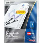 Avery&reg; Unpunched Print-On Dividers - 25 x Divider(s) - Print-on Tab(s) - 5 - 5 Tab(s)/Set - 8.5" Divider Width x 11" Divider Length - White Paper Divider - White Paper Tab(s) - 20% - Unpunched, Printable, Customizable, Chlorine-free, PVC-free - 5 / Pa AVE11516