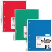 Mead 5-subject Spiral Notebook - 180 Sheets - Wire Bound - College Ruled Front Ruling - 7 1/2" x 10 1/2" Sheet Size - White Paper - Blue, Green, Red Cover - Divider, Compact, Subject - 1 Each MEA05682