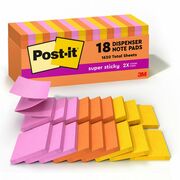 Post-it&reg; Super Sticky Dispenser Notes - Energy Boost Color Collection - 3" Flag/Note Width x 3" Flag/Note Length - Rectangle - Vital Orange, Tropical Pink, Sunnyside - Paper - Self-adhesive, Removable, Recyclable - 18 / Pack MMMR33018SSAUCP
