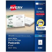 Avery&reg; Sure Feed Postcards - 97 Brightness - 4" x 6" - 80 lb Basis Weight - 216 g/m&#178; Grammage - Matte - Perforated, Heavyweight, Rounded Corner, Print-to-the-edge, Recyclable, Biodegradable, Coated - White - 100 / Box AVE8386
