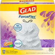 Glad ForceFlex Tall Kitchen Drawstring Trash Bags - Gain Lavender with Febreze Freshness - 13 gal Capacity - 27.36" Length x 24.02" Width x 0.78 mil (20 Micron) Thickness - Drawstring Closure - White - Garbage, Office, Kitchen/ - 80 / Box CLO78902