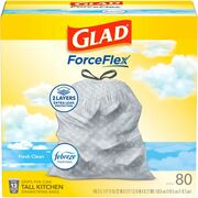 Glad ForceFlex Tall Kitchen Drawstring Trash Bags - Fresh Clean with Febreze Freshness - 13 gal Capacity - 0.78 mil (20 Micron) Thickness - Drawstring Closure - White - Kitchen, Garbage, Home, Breakroom, Cafeteria, Restaurant, Commercial/ - 80 / Box CLO78899