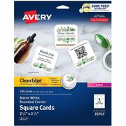 Avery&reg; Clean Edge Square Cards, Rounded Corners, 2.5" x 2.5" (35703) - 145 Brightness - A4 - 8 1/2" x 11" - 91 lb Basis Weight - 247 g/m&#178; Grammage - Matte - Printable, Rounded Corner, Die-cut, Smooth Edge, Print-to-the-edge, Perforated, Avery Cle AVE35703