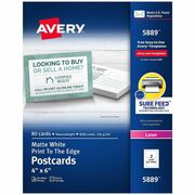 Avery&reg; Sure Feed Postcards - 97 Brightness - 6" x 4" - 80 lb Basis Weight - 216 g/m&#178; Grammage - Matte - Perforated, Heavyweight, Rounded Corner, Uncoated, Recyclable, Biodegradable, Print-to-the-edge, Sturdy - White - 80 / Box AVE5889