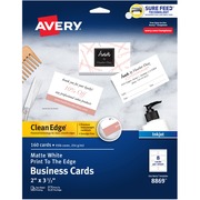 Avery&reg; Clean Edge Business Cards, 2" x 3.5" , White, 160 - 110 Brightness - A4 - 8 1/2" x 11" - 93 lb Basis Weight - 254 g/m&#178; Grammage - Matte - Heavyweight, Rounded Corner, Smooth Edge, Print-to-the-edge, Printable, Avery Clean Edge Technology,  AVE8869
