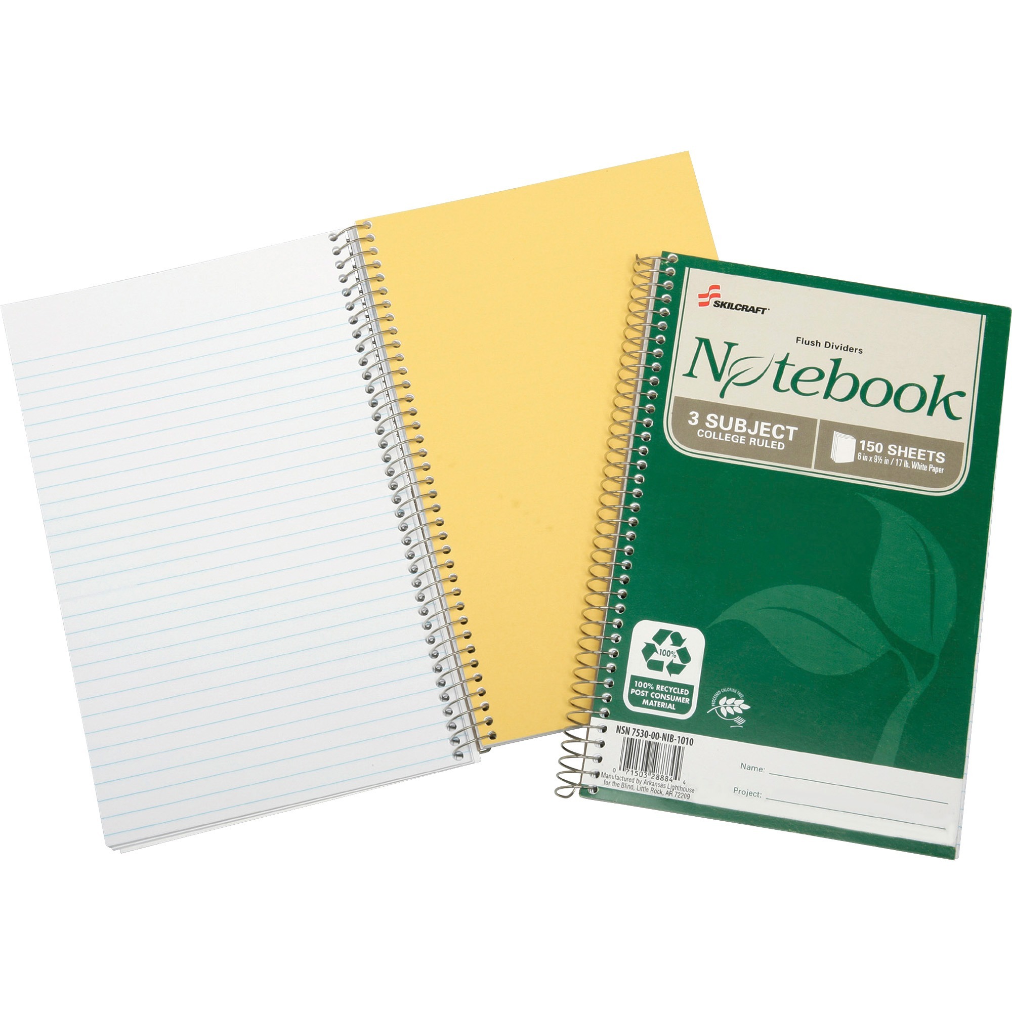 SKILCRAFT Threesubject Spiral Notebook 150 Sheets Wire Bound 17